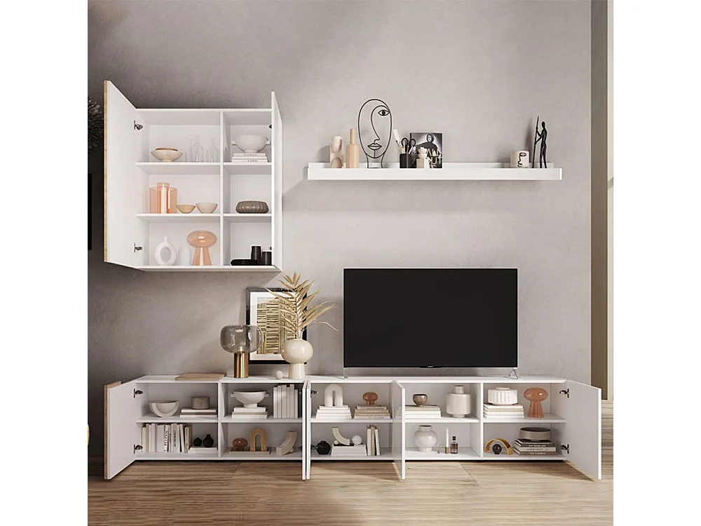 Parete attrezzata 301x44x195h Sabry colore bianco lucido rovere Kadiz