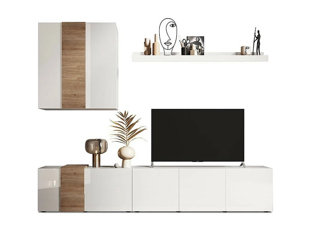 Parete attrezzata 301x44x195h Sabry colore bianco lucido rovere Kadiz