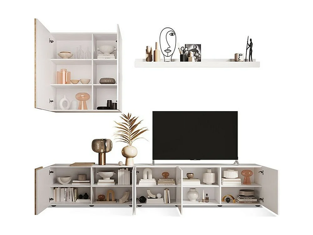 Parete attrezzata 301x44x195h Sabry colore bianco lucido rovere Kadiz