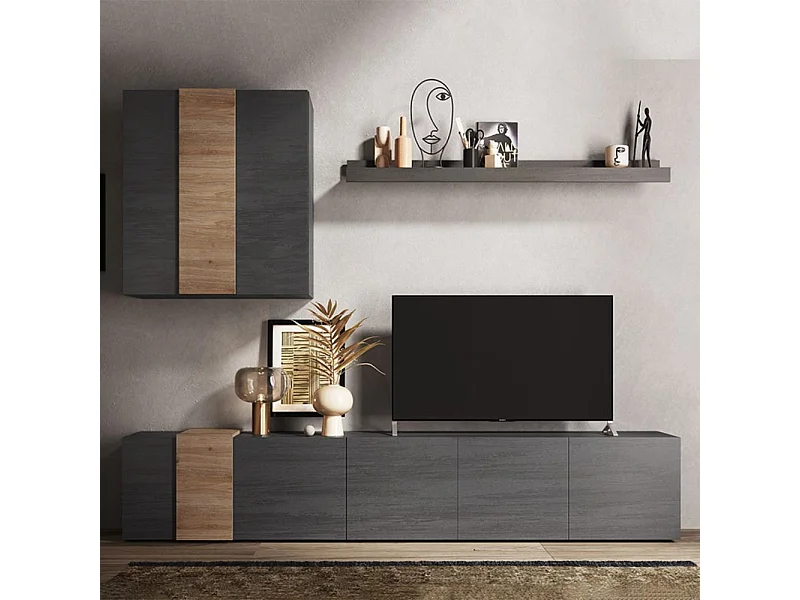 Parete attrezzata 301x44x195h Sabry colore titanio rovere Kadiz