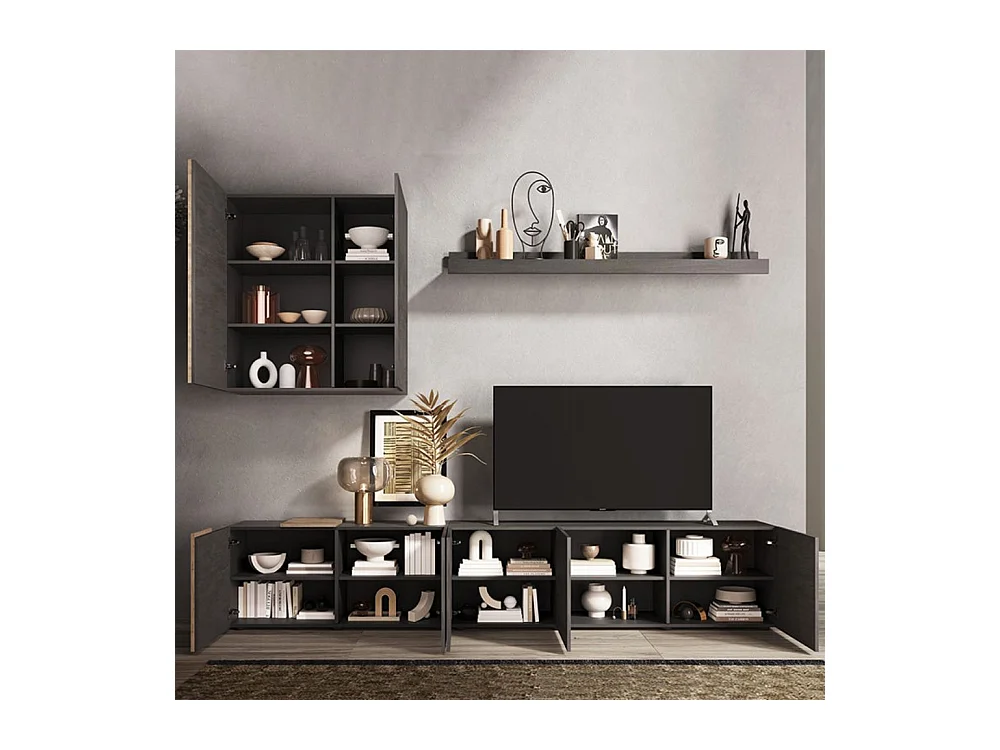 Parete attrezzata 301x44x195h Sabry colore titanio rovere Kadiz