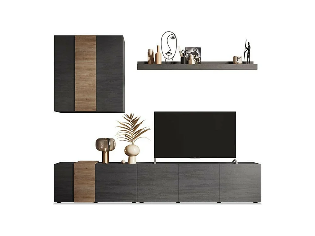 Parete attrezzata 301x44x195h Sabry colore titanio rovere Kadiz