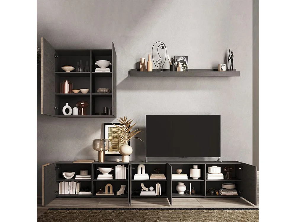 Parete attrezzata 301x44x195h Sabry colore titanio rovere Kadiz