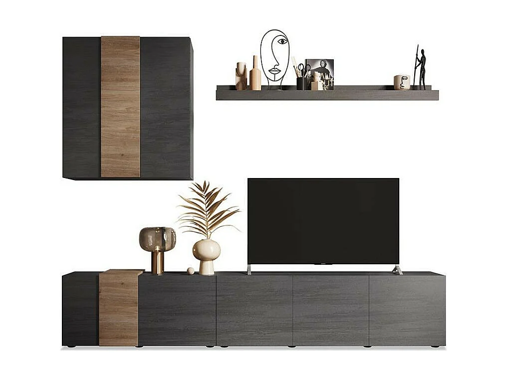 Parete attrezzata 301x44x195h Sabry colore titanio rovere Kadiz