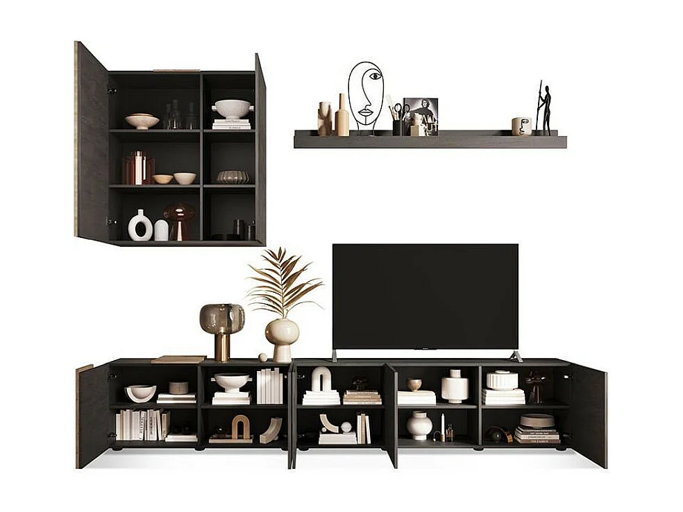 Parete attrezzata 301x44x195h Sabry colore titanio rovere Kadiz