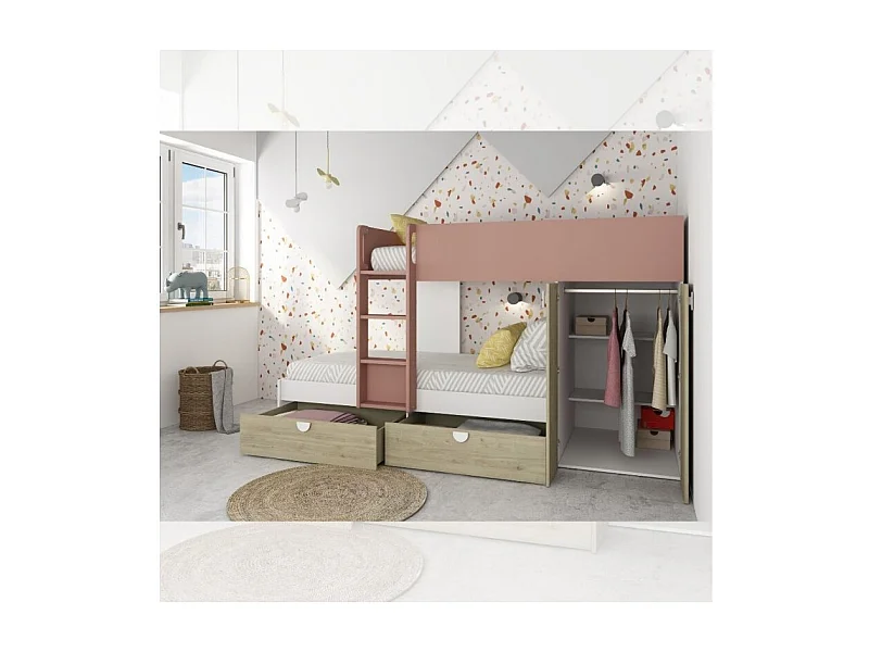 Letto a castello rovere e rosa antico con armadio 2 ante e cassetti