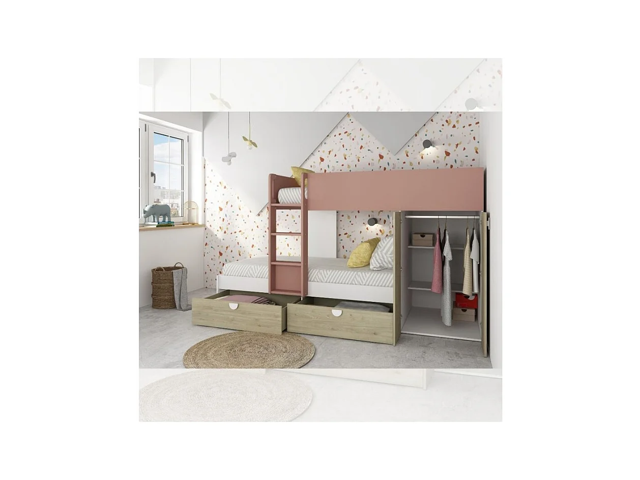 Letto a castello rovere e rosa antico con armadio 2 ante e cassetti