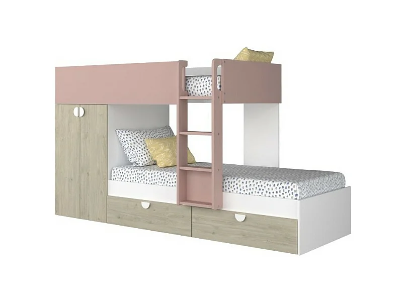 Letto a castello rovere e rosa antico con armadio 2 ante e cassetti