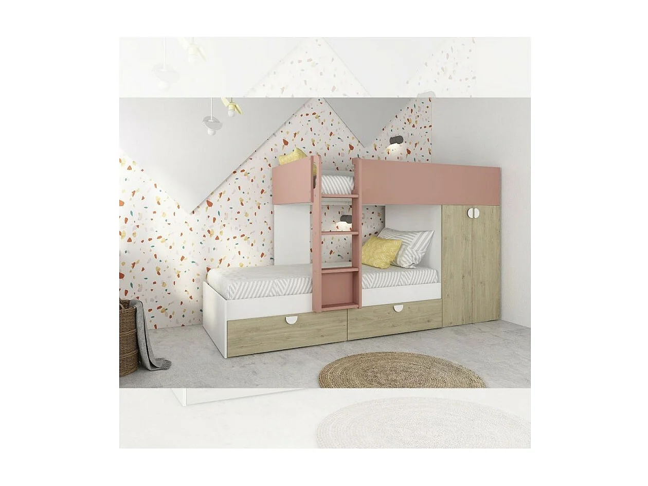 Letto a castello rovere e rosa antico con armadio 2 ante e cassetti