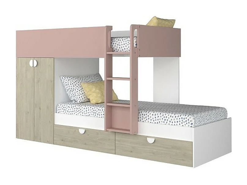 Letto a castello rovere e rosa antico con armadio 2 ante e cassetti