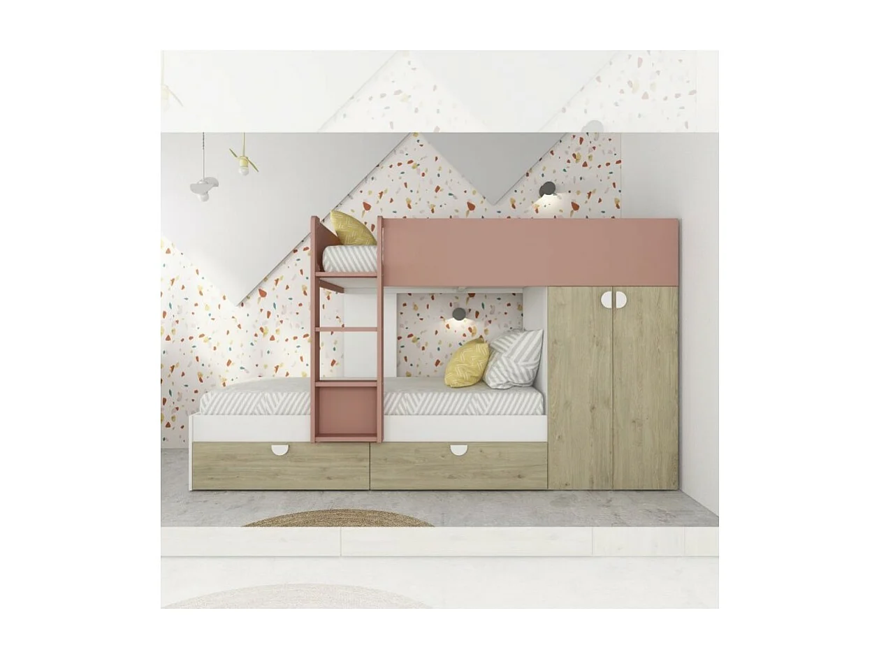 Letto a castello rovere e rosa antico con armadio 2 ante e cassetti