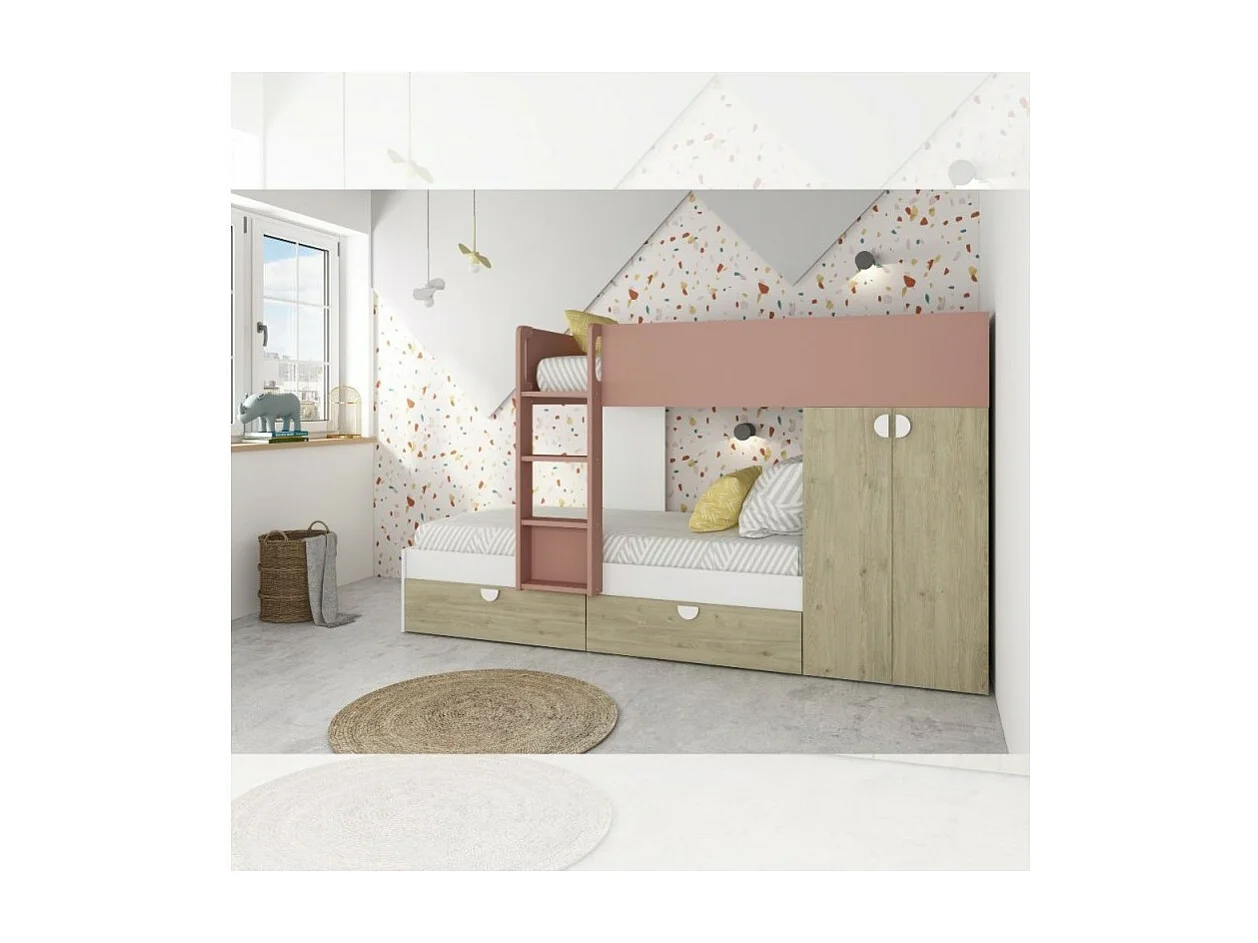 Letto a castello rovere e rosa antico con armadio 2 ante e cassetti