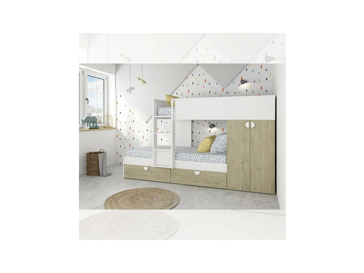 Letto a castello rovere e bianco con armadio 2 ante e cassetti