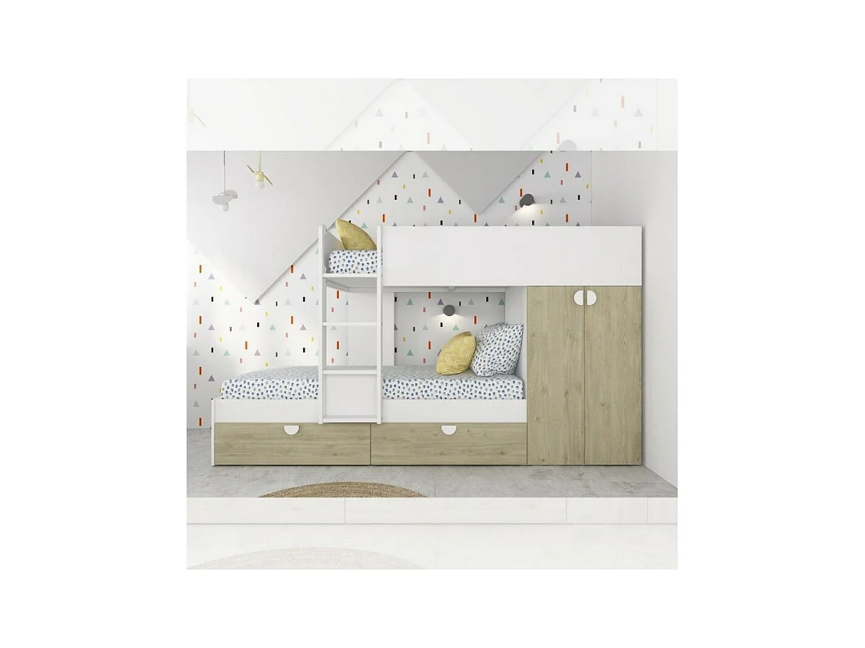 Letto a castello rovere e bianco con armadio 2 ante e cassetti