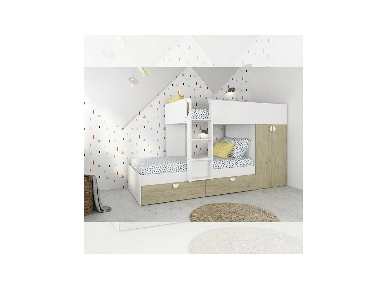 Letto a castello rovere e bianco con armadio 2 ante e cassetti