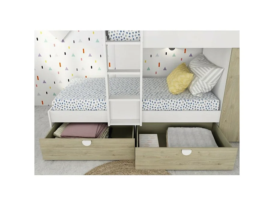 Letto a castello rovere e bianco con armadio 2 ante e cassetti