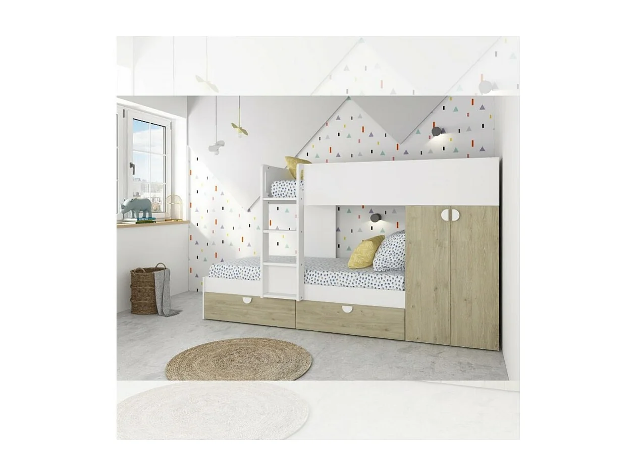 Letto a castello rovere e bianco con armadio 2 ante e cassetti