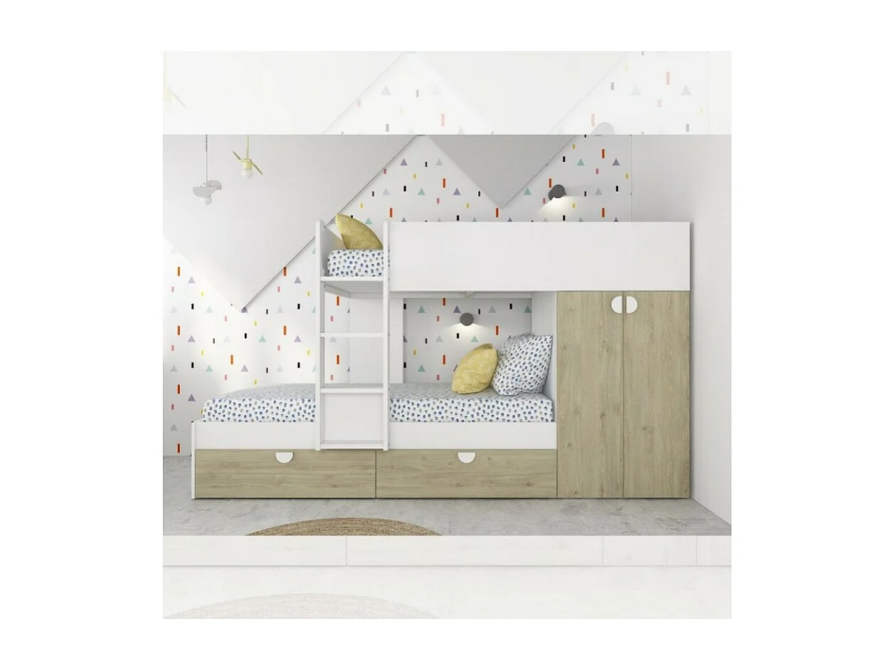 Letto a castello rovere e bianco con armadio 2 ante e cassetti