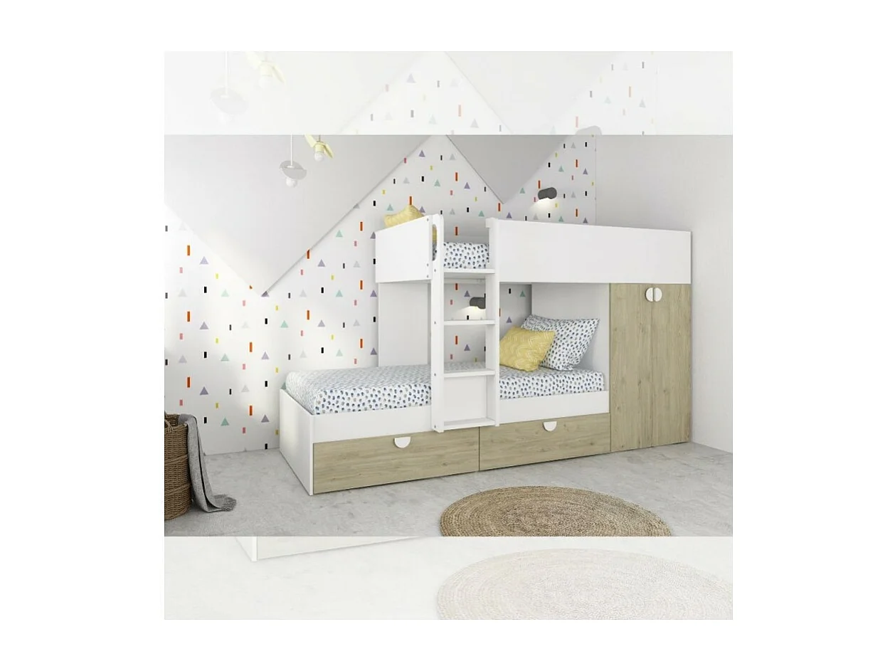 Letto a castello rovere e bianco con armadio 2 ante e cassetti