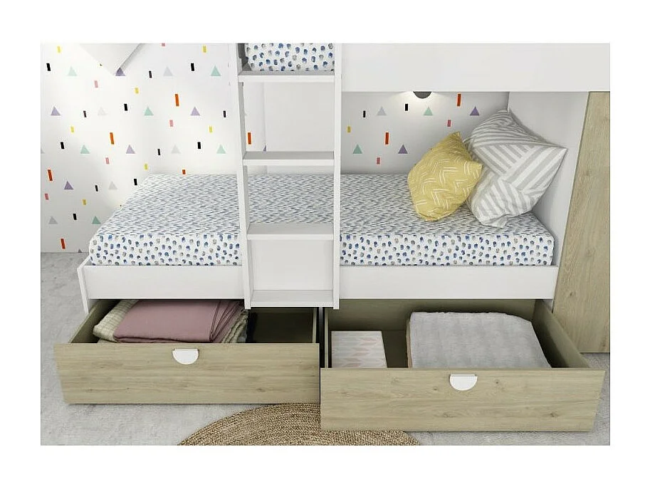 Letto a castello rovere e bianco con armadio 2 ante e cassetti