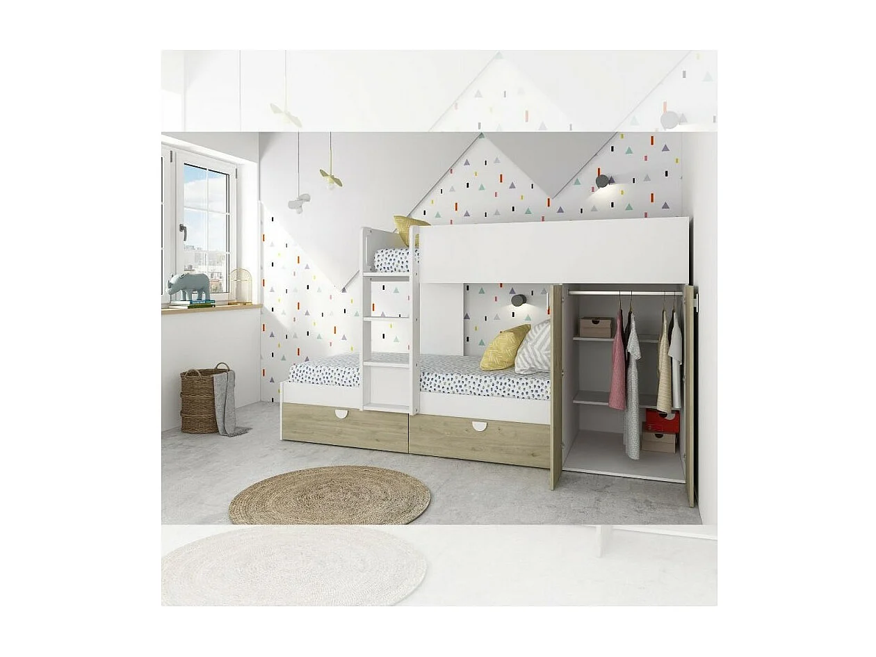 Letto a castello rovere e bianco con armadio 2 ante e cassetti