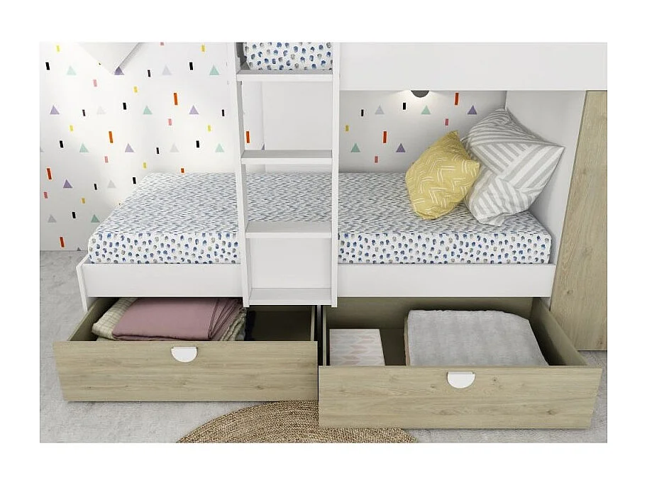 Letto a castello rovere e bianco con armadio 2 ante e cassetti