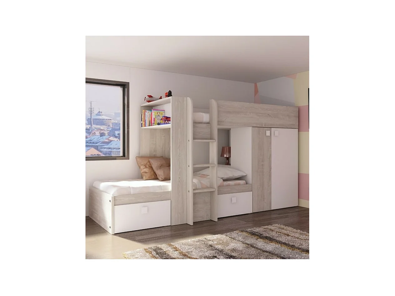 Letto a castello bianco e bianco vintage con armadio e cassetti 1266