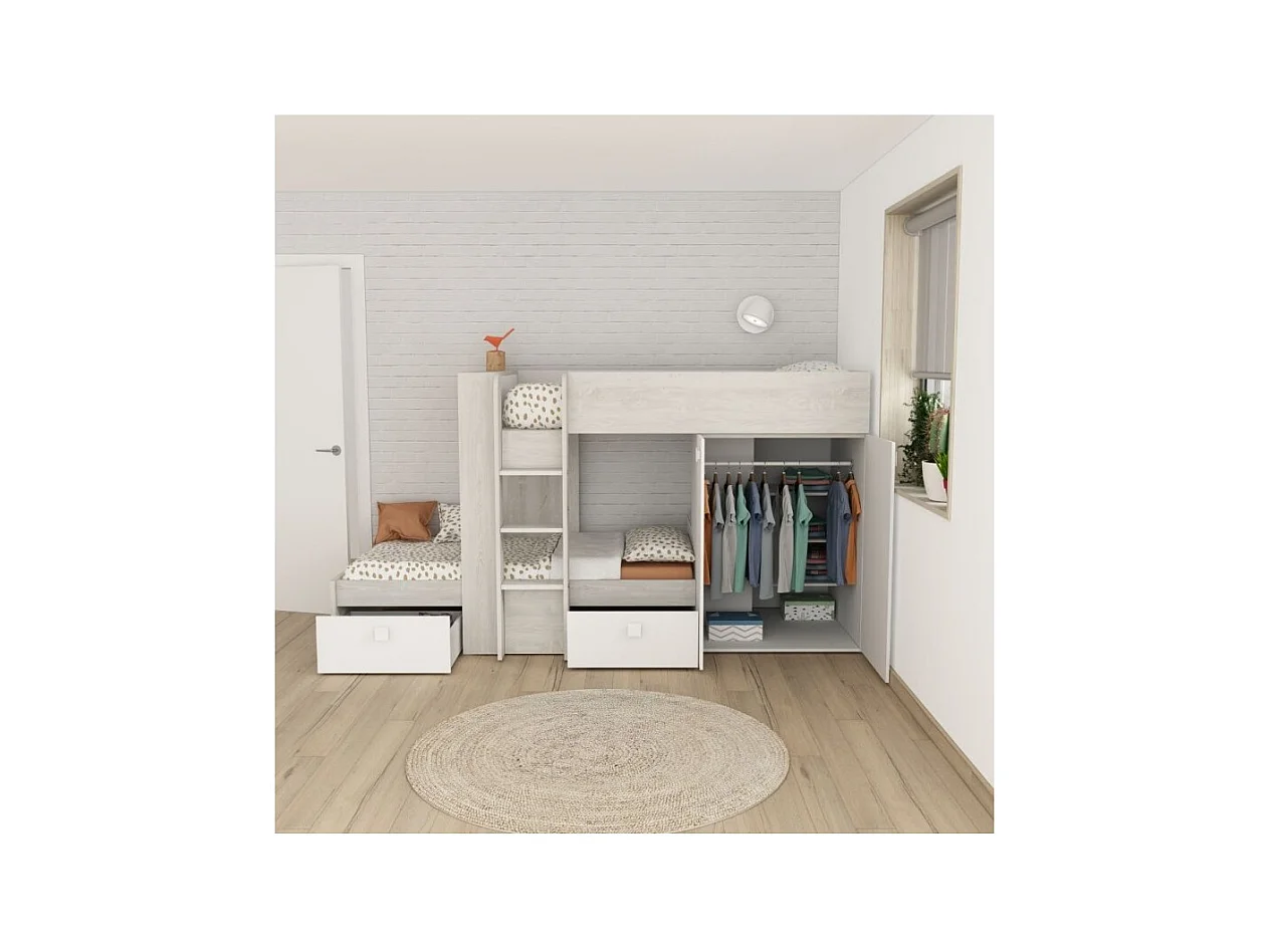 Letto a castello bianco e bianco vintage con armadio e cassetti 1266