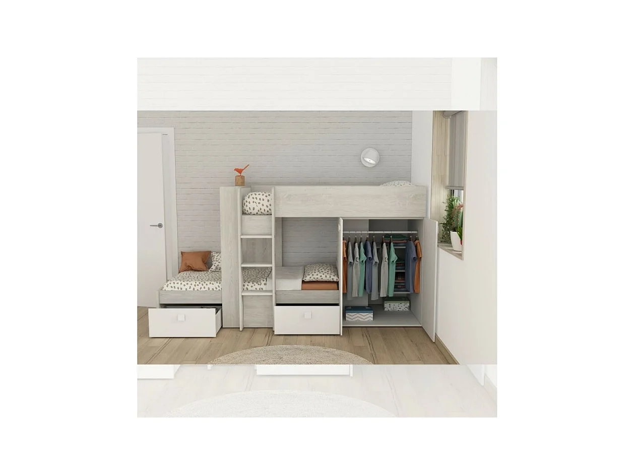 Letto a castello bianco e bianco vintage con armadio e cassetti 1266