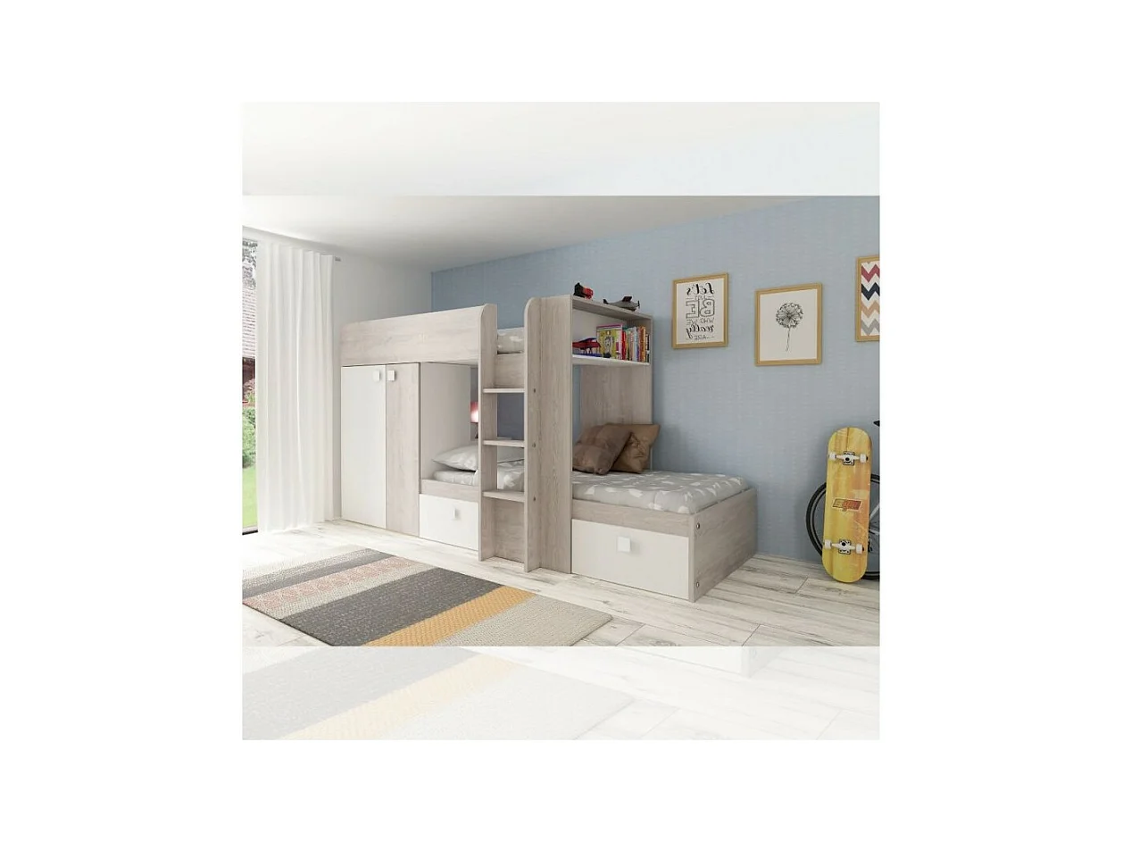 Letto a castello bianco e bianco vintage con armadio e cassetti 1266