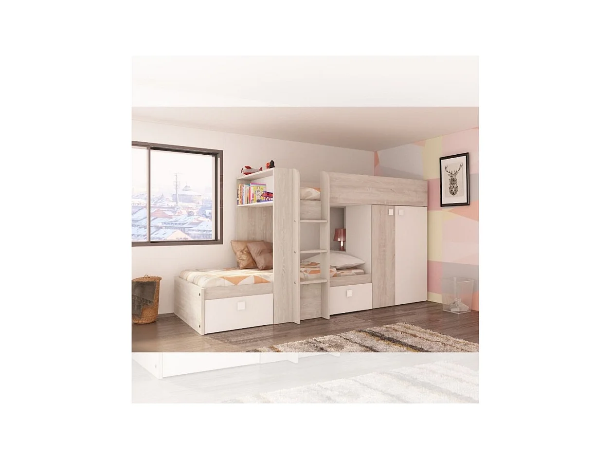 Letto a castello bianco e bianco vintage con armadio e cassetti 1266