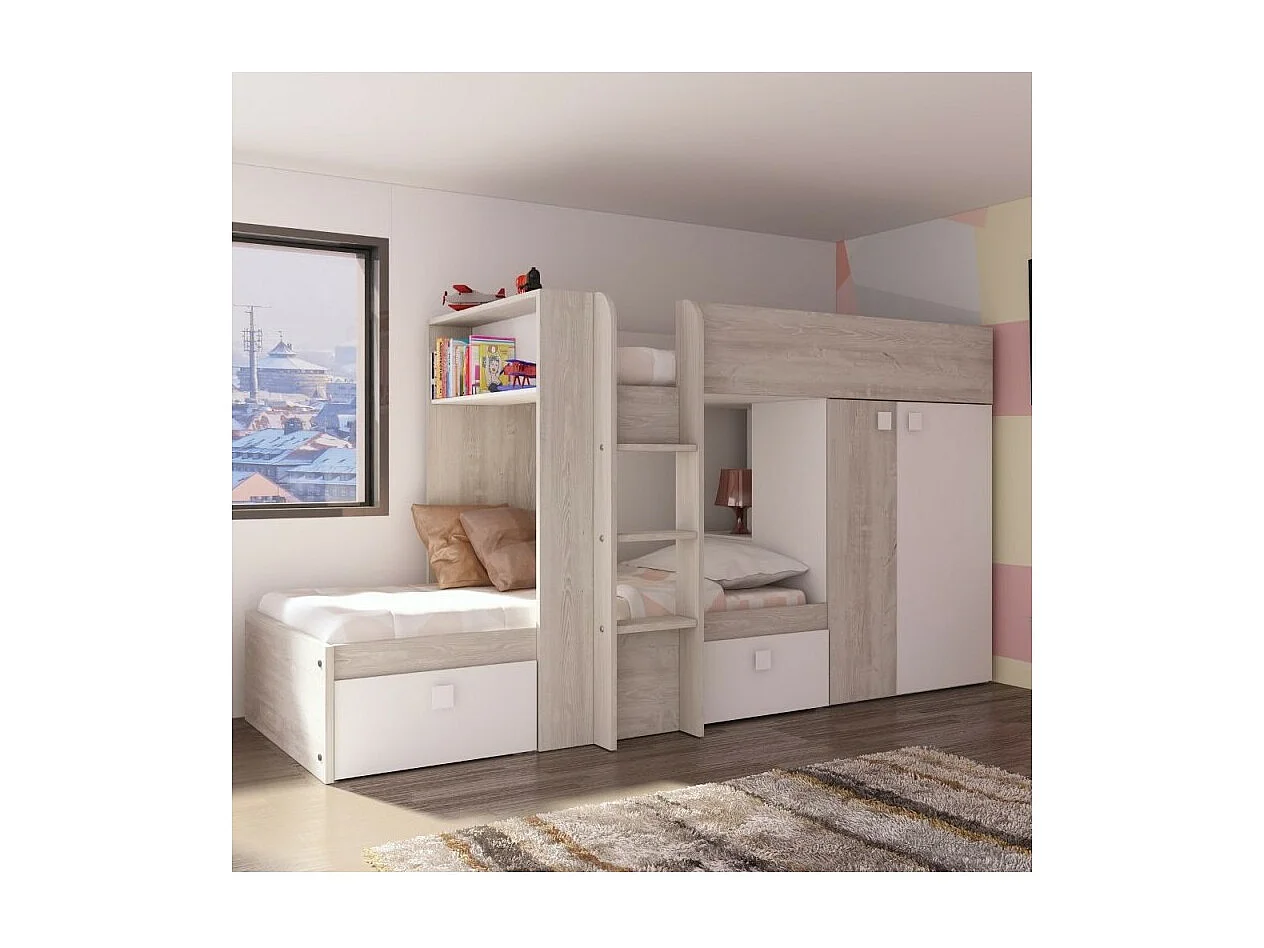 Letto a castello bianco e bianco vintage con armadio e cassetti 1266