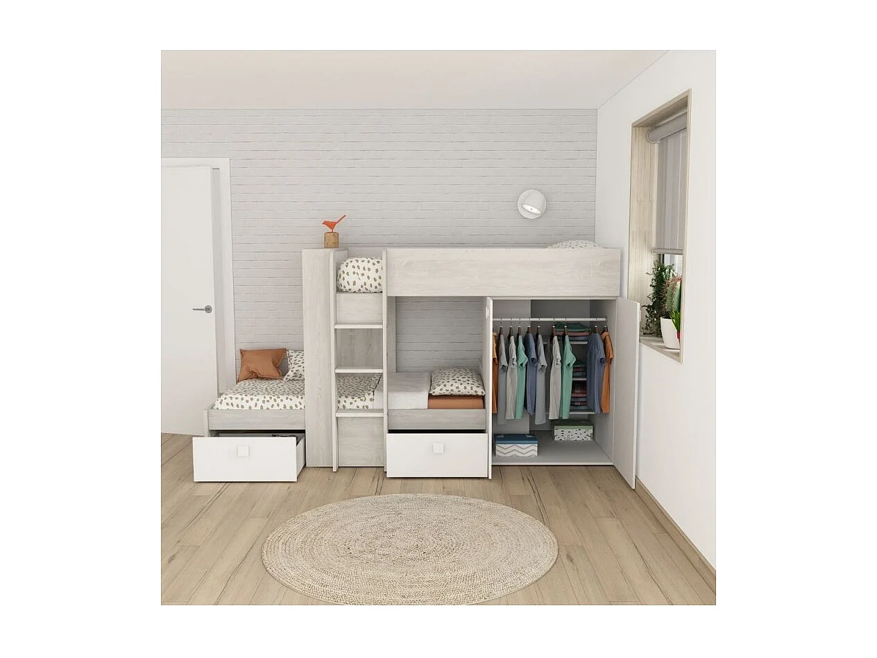 Letto a castello bianco e bianco vintage con armadio e cassetti 1266