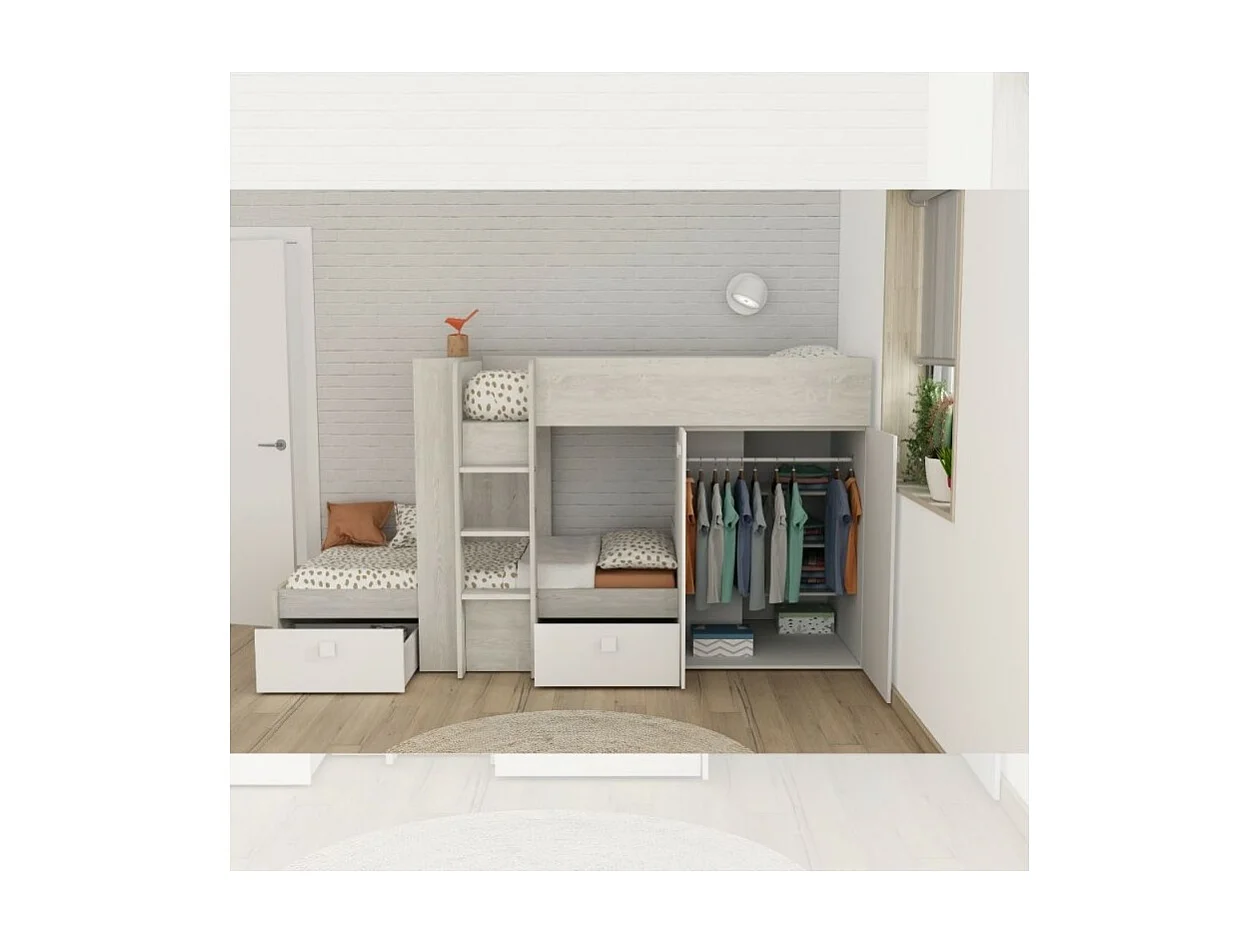 Letto a castello bianco e bianco vintage con armadio e cassetti 1266