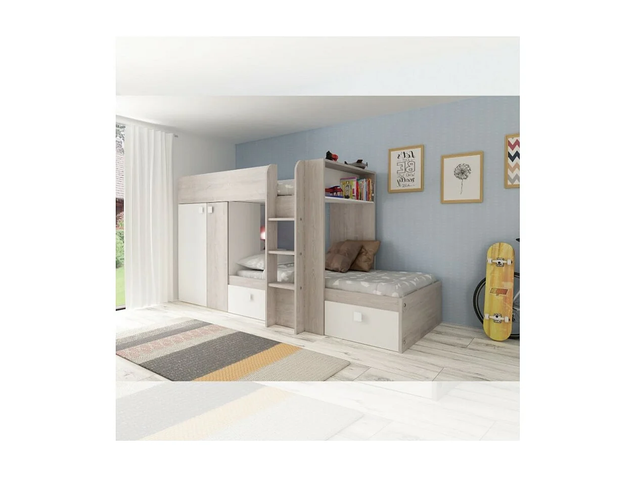 Letto a castello bianco e bianco vintage con armadio e cassetti 1266