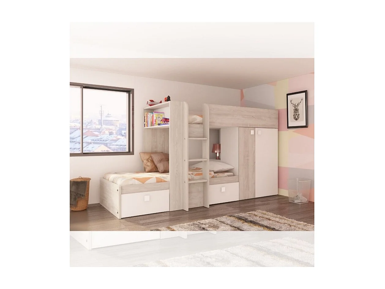 Letto a castello bianco e bianco vintage con armadio e cassetti 1266