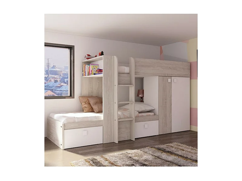 Letto a castello bianco e bianco vintage con armadio e cassetti 1266