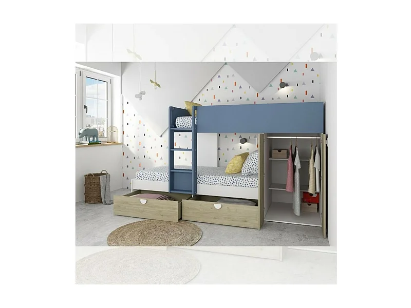 Letto a castello rovere e azzurro con armadio 2 ante e cassetti