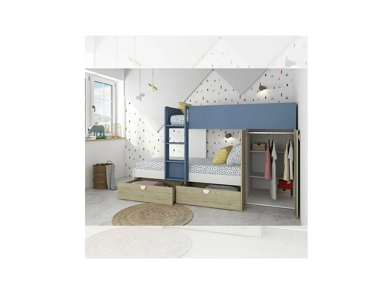 Letto a castello rovere e azzurro con armadio 2 ante e cassetti