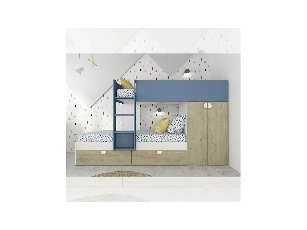 Letto a castello rovere e azzurro con armadio 2 ante e cassetti