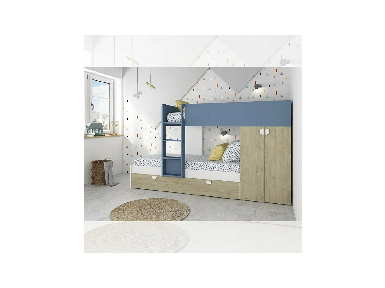 Letto a castello rovere e azzurro con armadio 2 ante e cassetti