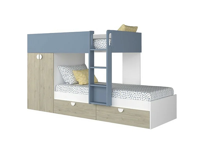 Letto a castello rovere e azzurro con armadio 2 ante e cassetti