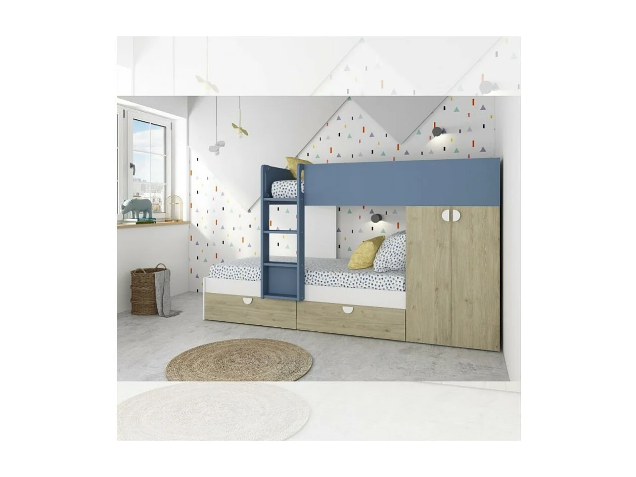 Letto a castello rovere e azzurro con armadio 2 ante e cassetti