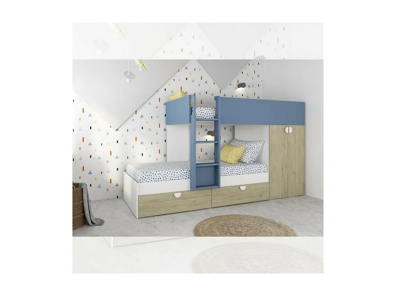 Letto a castello rovere e azzurro con armadio 2 ante e cassetti