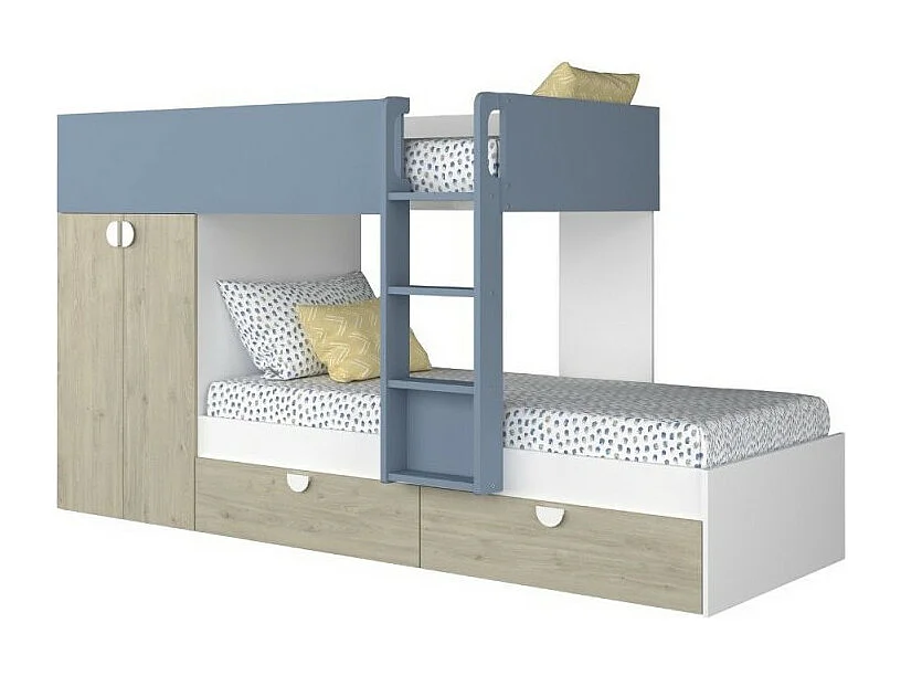 Letto a castello rovere e azzurro con armadio 2 ante e cassetti