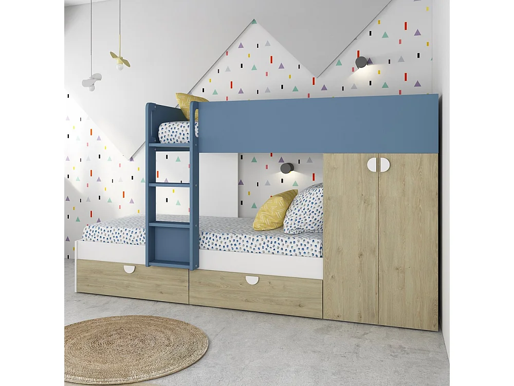 Letto a castello rovere e azzurro con armadio 2 ante e cassetti
