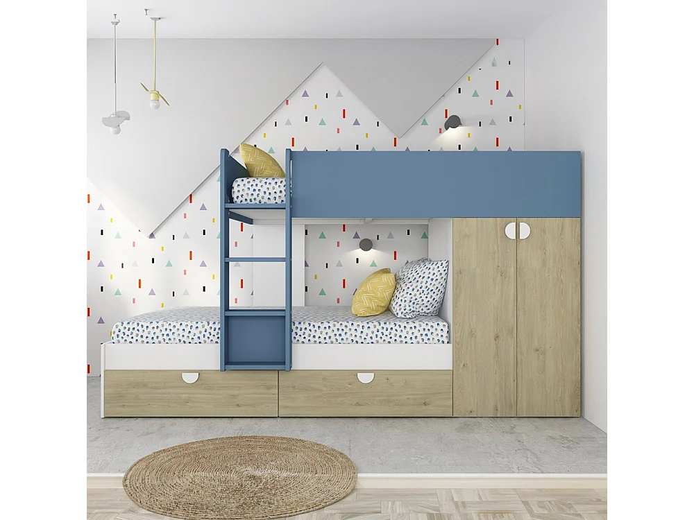 Letto a castello rovere e azzurro con armadio 2 ante e cassetti