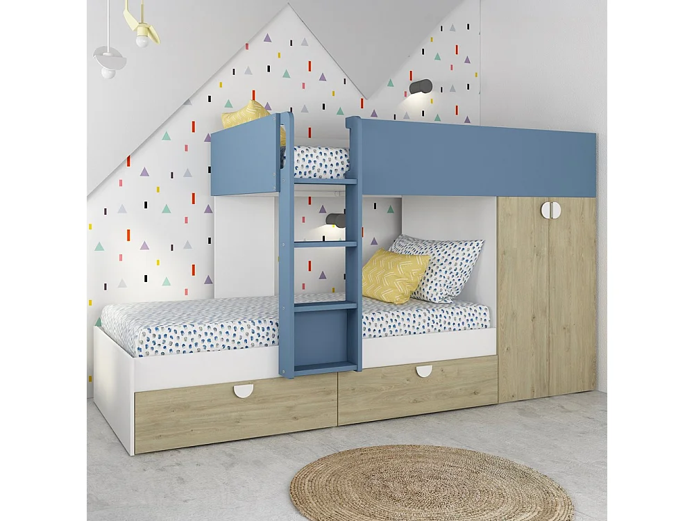 Letto a castello rovere e azzurro con armadio 2 ante e cassetti