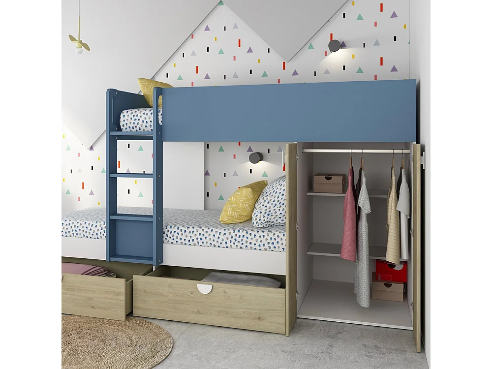 Letto a castello rovere e azzurro con armadio 2 ante e cassetti