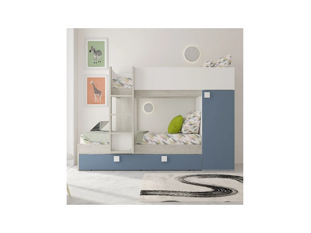 Letto a castello bianco consumato e azzurro con letto estraibile